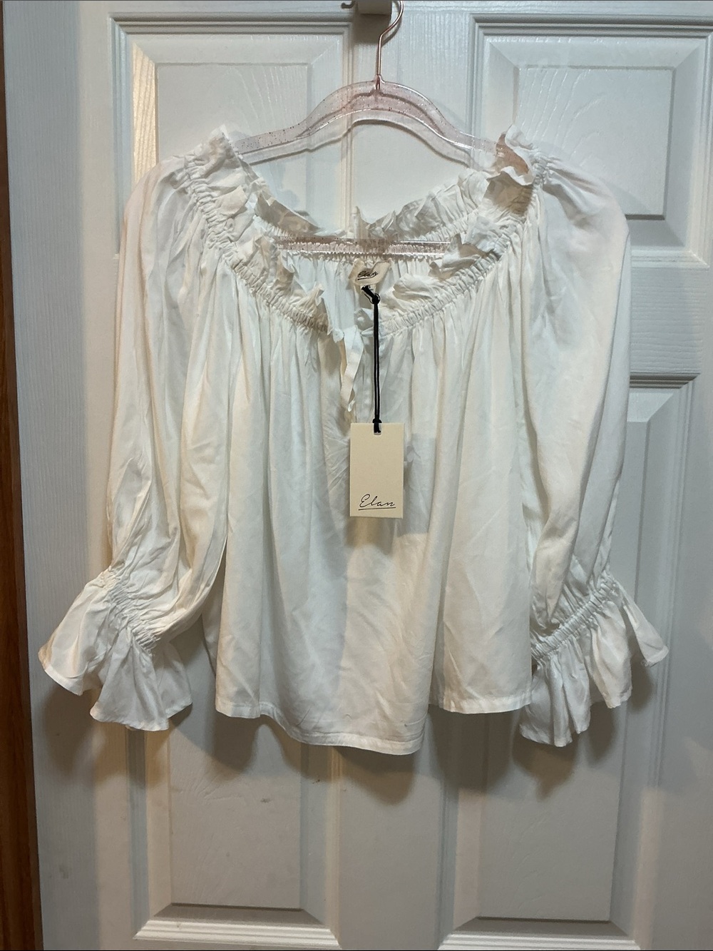 Elan White Peasant Blouse with Tie Neck and Ruffle Cuffs